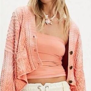 Free People Washed Ashore Atlas Red Combo Cable Knit Cardigan